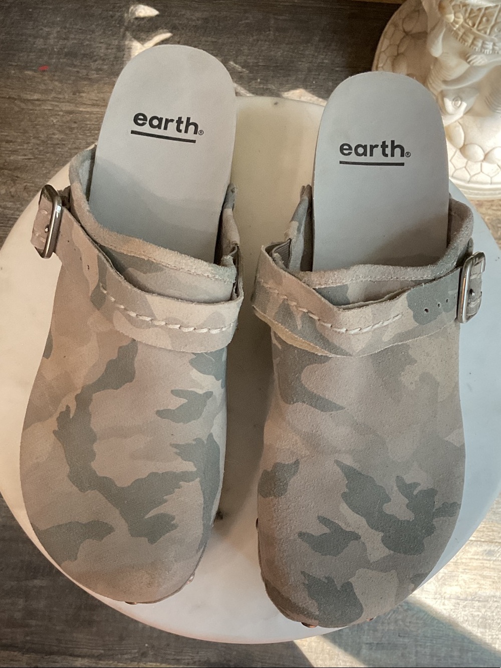 earth. Neutral Camo Suede Clogs in Taupe and Sage